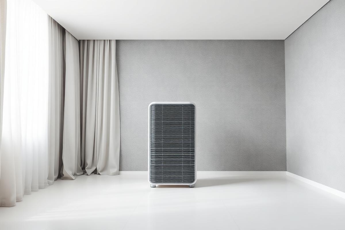 Purificador de aire en una estancia contemporánea con luz difusa
