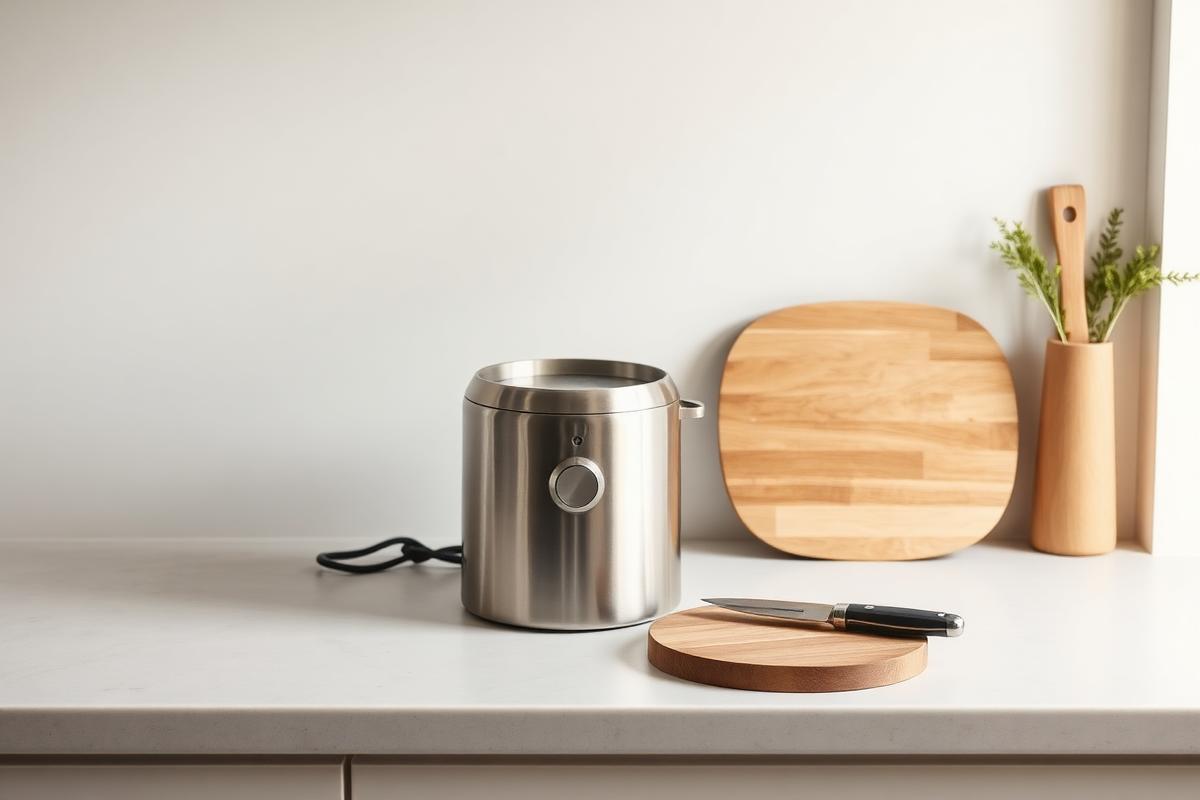 Pequeño electrodoméstico de cocina sobre una encimera de piedra clara
