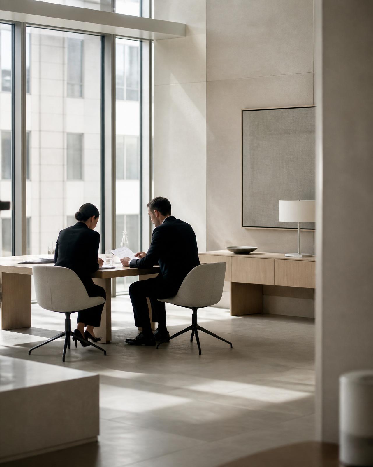 Reunión profesional de gestión comercial en un entorno corporativo contemporáneo